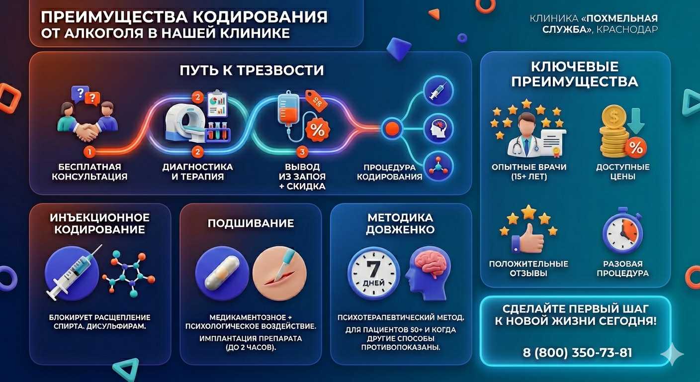 Инфографика о методах кодирования от алкоголя в Ельне: инъекции, подшивание, метод Довженко. Преимущества клиники и этапы лечения.